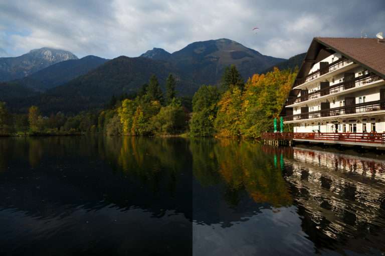 Autumn colours reflected over Jezero Črnava (black lake), Hotel Bor in Preddvor, Gorenjska, Slovenia.