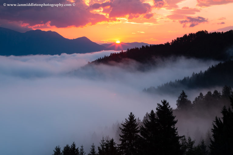 Sunrise over the Selca valley (Selška dolina) Skofja Loka, Slovenia.