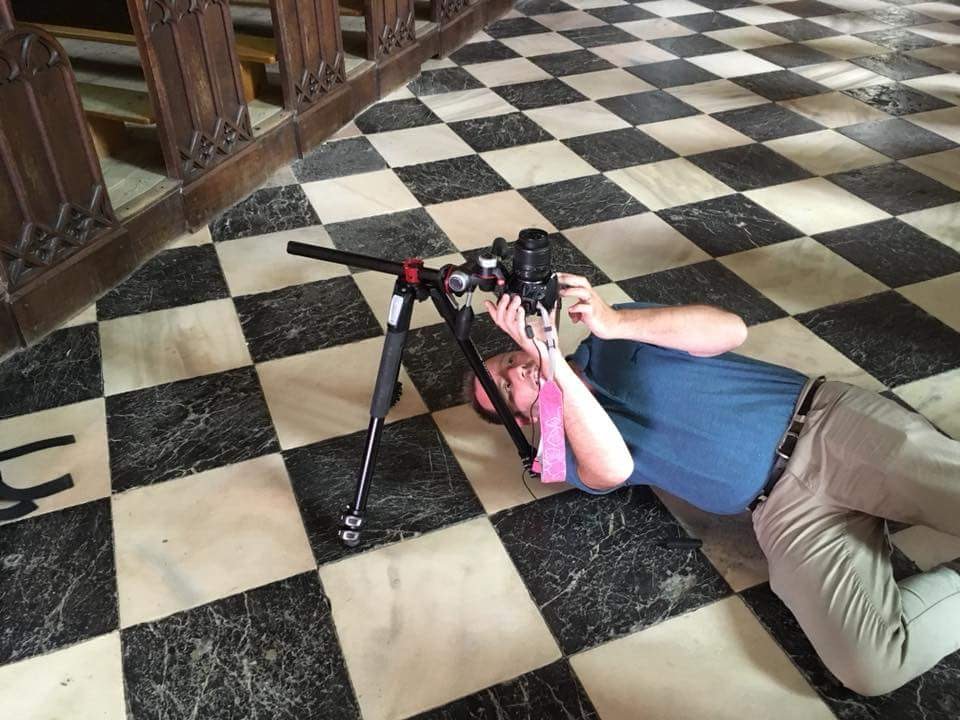 Photographing the fresco in Saint Peter's Church in Radovljica.