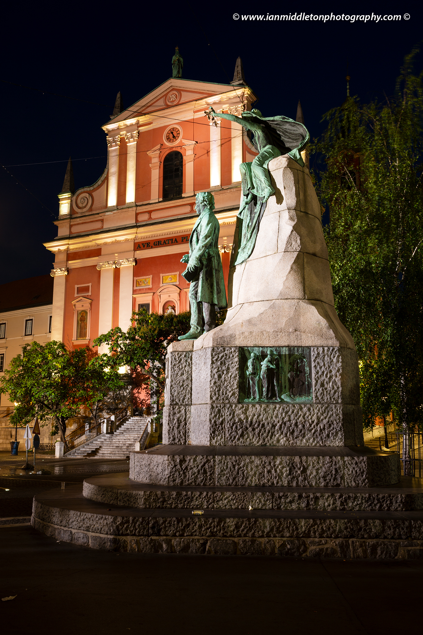 Preseren Square in Ljubljana at dawn, Ljubljana, Slovenia. The beautiful Franciscan church and Preseren statue.