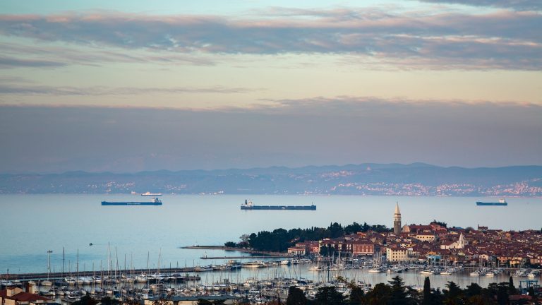 Sun setting over Izola harbour, Slovenia