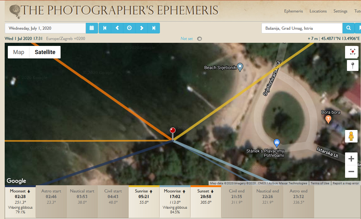 Sunset map of Basanija in summer, from the Photographers Ephemeris.