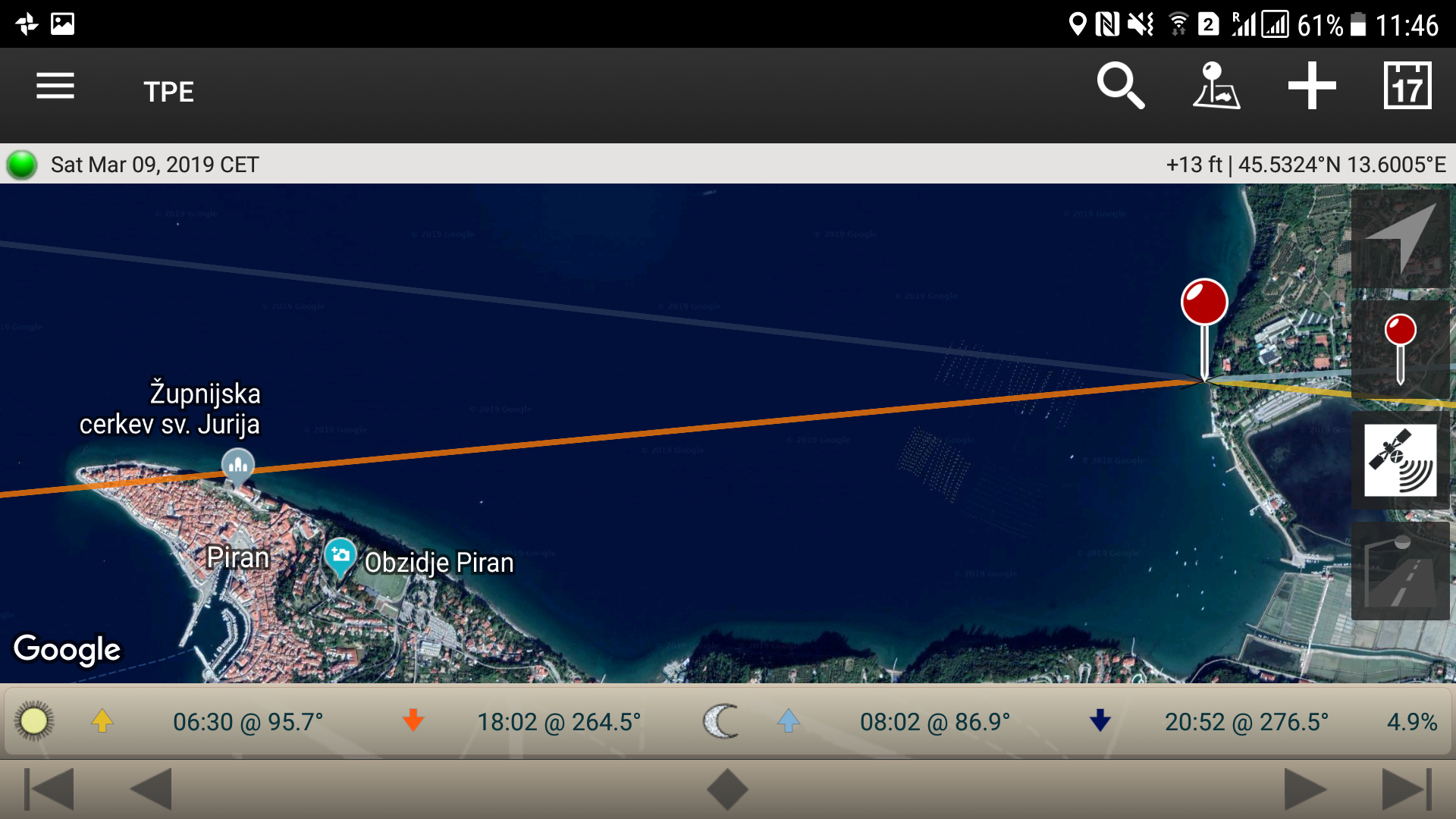 Best apps for landscape photography. Using the Photographers Ephemeris to Plan a photoshoot of the sun setting over the Church of Saint George in Piran from Strunjan in Slovenia.