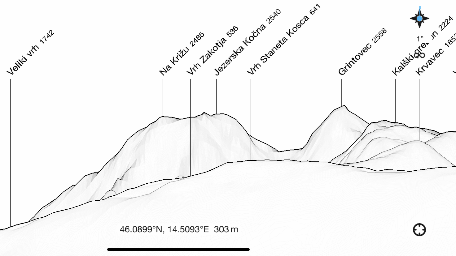 Kamnik alps as seen via the peak finder app