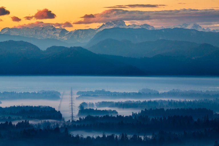 View of Mount Triglav and the Julian Alps mountains at sunset, Slovenia.