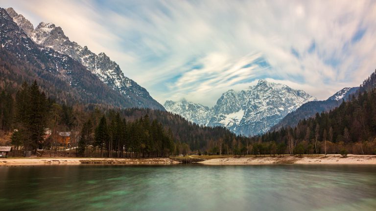 View across Lake Jasna to the beautiful Julian Alps, near Kranjska Gora, Slovenia