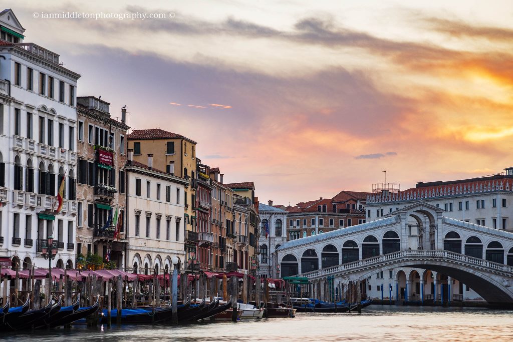 Sunrise over Rialto in Venice, Italy.