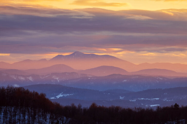 View across to Sneznik mountain at sunset