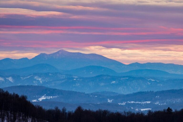 View across to Sneznik mountain at sunset