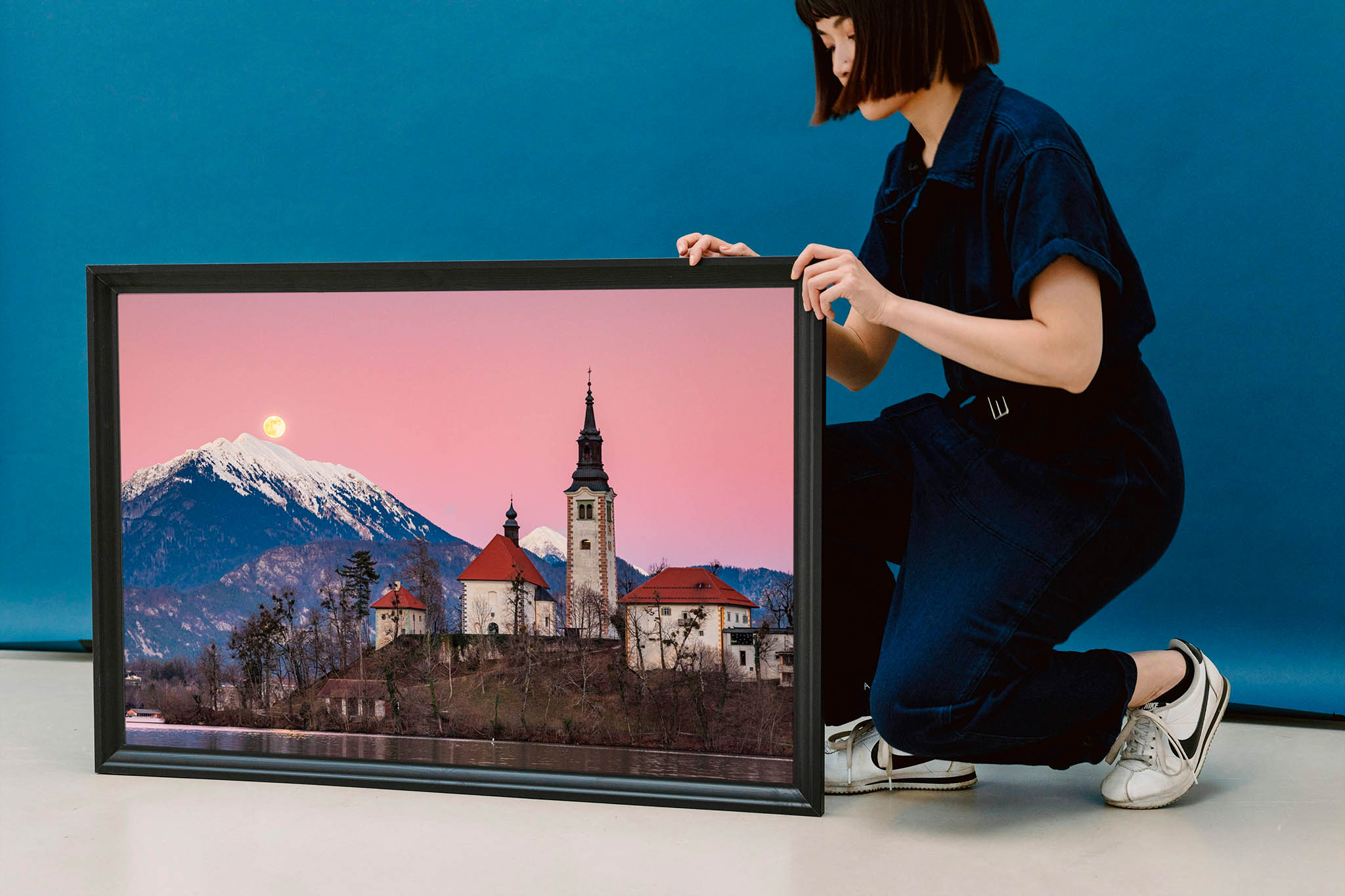 Framed print example of full moon over Lake Bled in Slovenia.