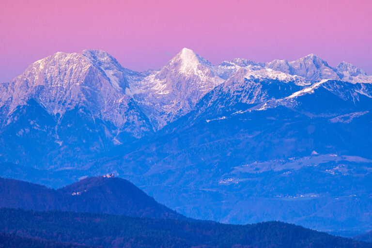 Smarna Gora with the Kamnik Alps behind at sunset