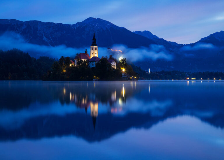 Dawn breaks over Lake Bled