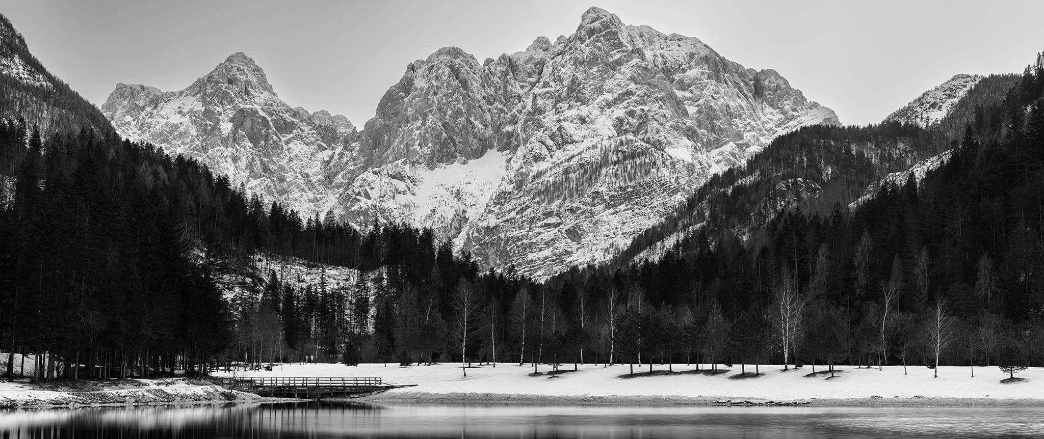 Stitched Panorama of Lake Jasna in winter, near Kranjska Gora, Slovenia