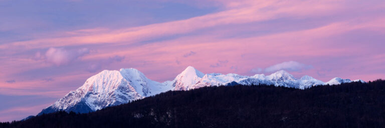 Stitched panorama of the Kamnik Alps at sunset, Slovenia