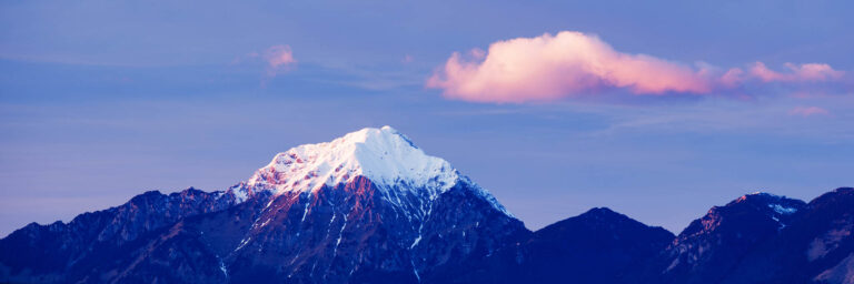 Stitched panorama of Storzic mountain, part of the Kamnik Alps, at sunset Slovenia