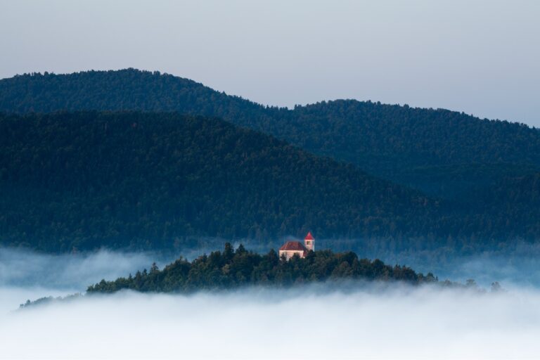 Morning light over church