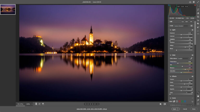 Example of how the daylight white balance setting adds more red and brown to skies on a moonlit night or blue hour.