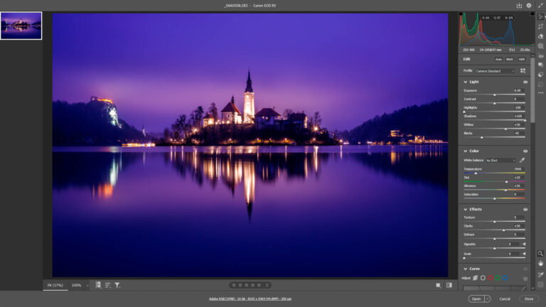Example of how the fluorescent white balance setting can add purple or magenta to skies on a moonlit night or blue hour.