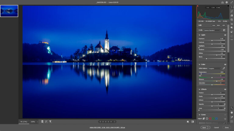 Example of how the Tungsten white balance setting can add too much blue to skies on a moonlit night or blue hour.