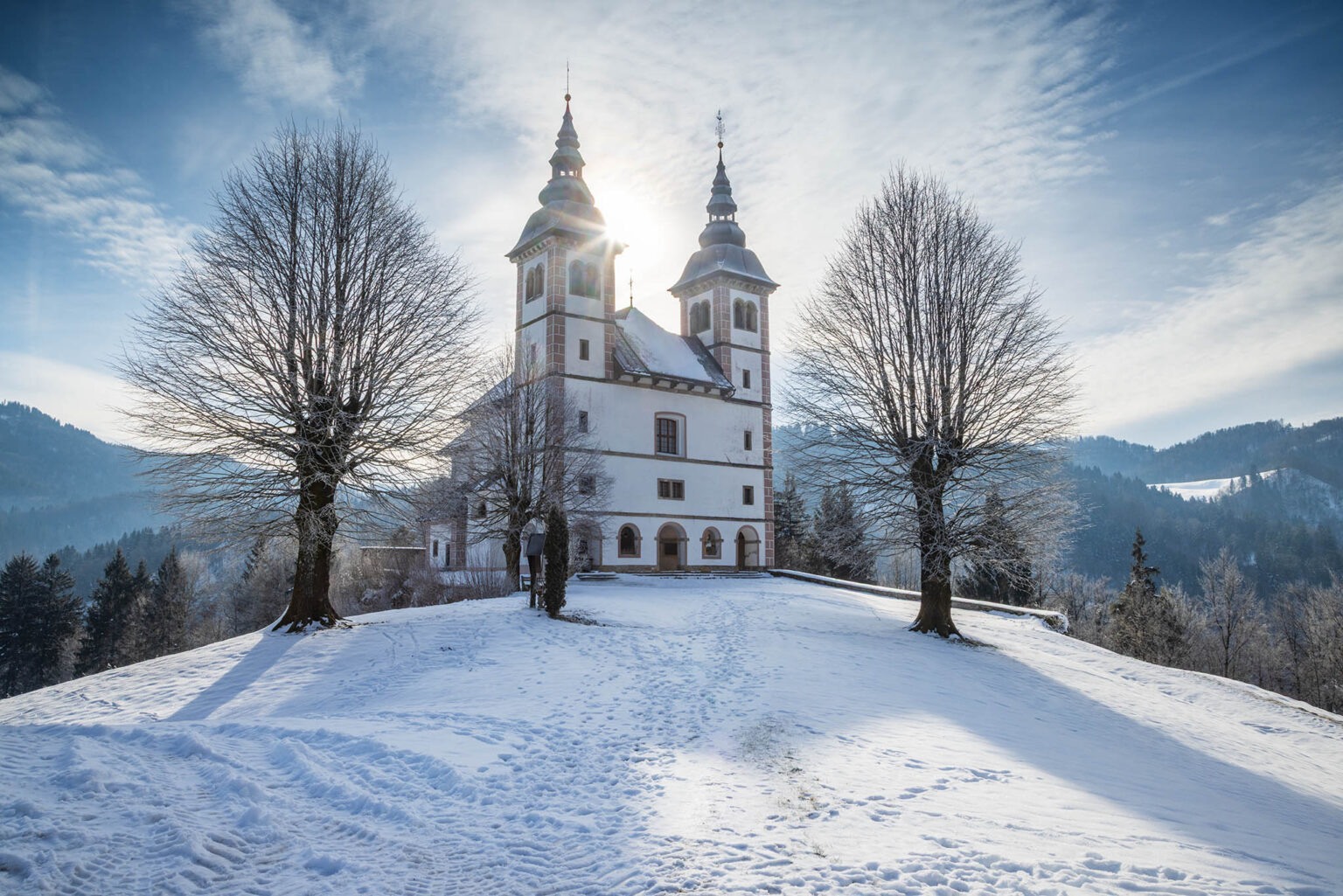 Saint Volbenk church in winter, Poljanska Sora, Slovenia.