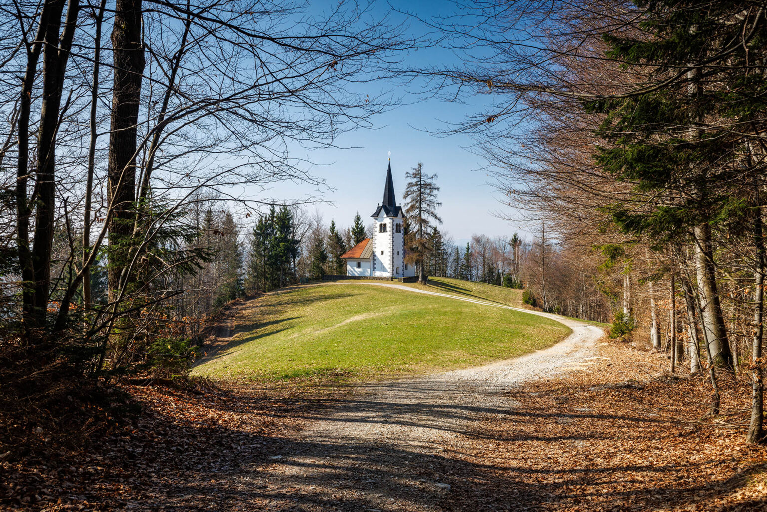 Early spring view through the trees of the church of Saint Primus (Sveti Primoz) on Gabrska Gora in the Skofja Loka Hills in Slovenia.
