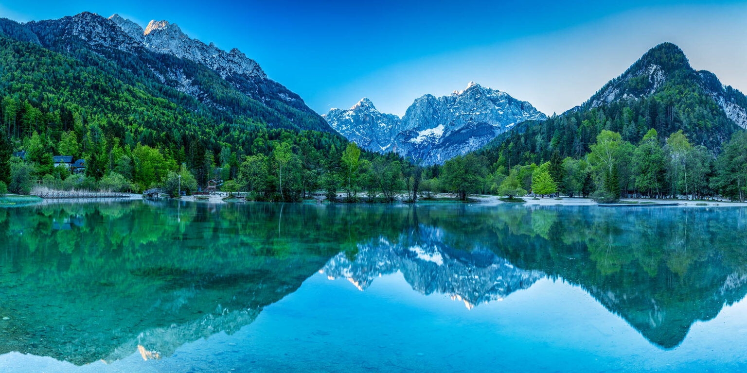 Lake Jasna in spring, near Kranjska Gora, Slovenia. This is a stirched panorama.