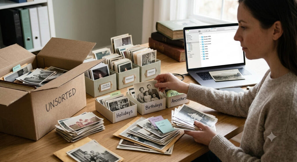 Sorting through family photos