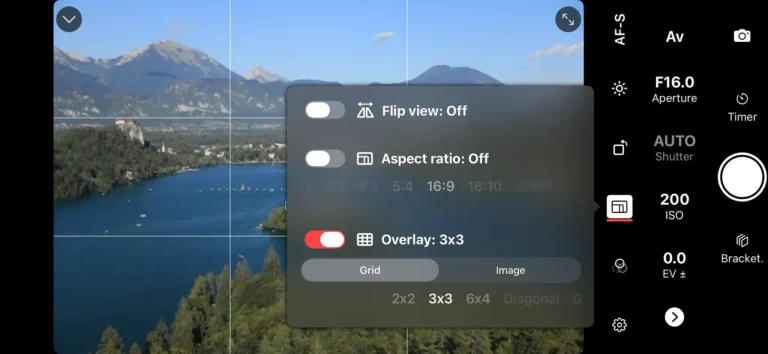 Grid overlay controls. Shutter+ App screenshot used on iPhone with Canon EOS R5