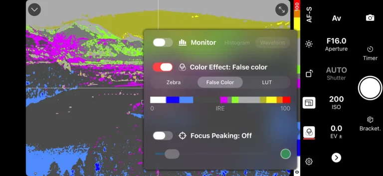 False Color. Shutter+ App screenshot used on iPhone with Canon EOS R5